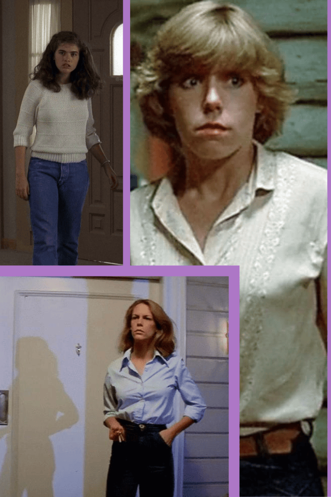 Arriba con suéter, Nancy Thompson de Pesadilla en la calle del infierno. Debajo de ella Laurie Strode de Halloween y Alice Hardy de Viernes 13 (nombres de sus personajes).